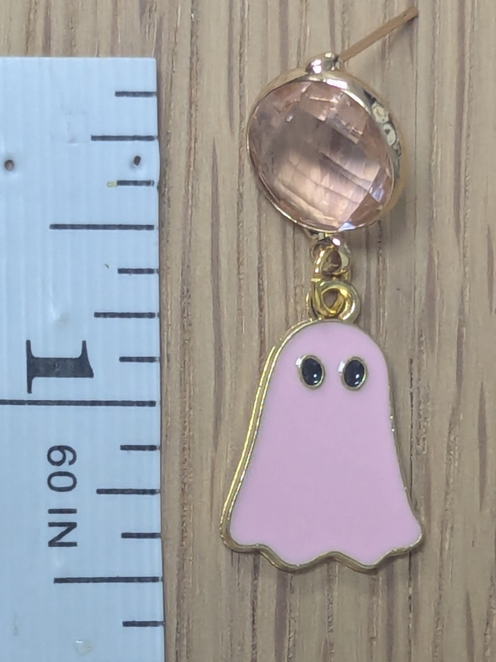 Pink Ghost Earrings Faceted Crystal Gold Tone Spooky Halloween Dangle - Picture 2 of 4